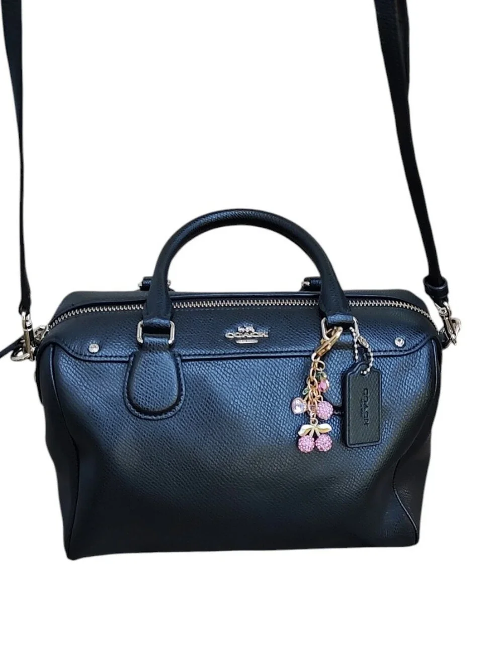 Coach Black Pebbled Leather Satchel with Cherry Charm